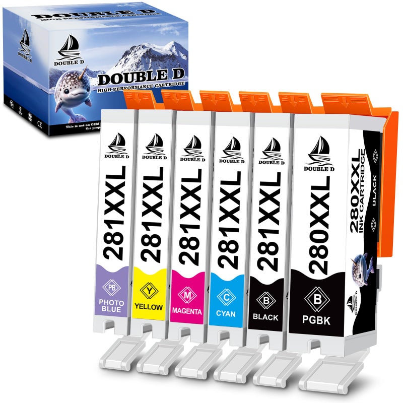 DOUBLE D Compatible 280 281 Ink Cartridge for Canon 280 281 PGI-280XXL CLI-281XXL for PIXMA TS8120 TS8220 TS8320 TS8100 TS8200 TS9300 TS9100 TS9120 (6Pack, 1PGBK, 1BK, 1C, 1M, 1Y, 1PB) - Image 1